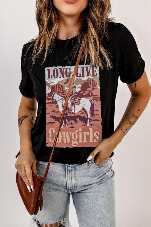 Black Long Live Cowgirls Graphic Print Short Sleeve T Shirt